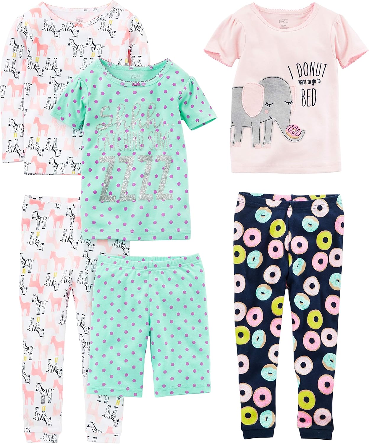 Girls Cotton Pajama Set 6-Piece - Snug Fit PJ Pack for Babies Toddlers Green Dots Navy Donut Pink Elephant White Zebra