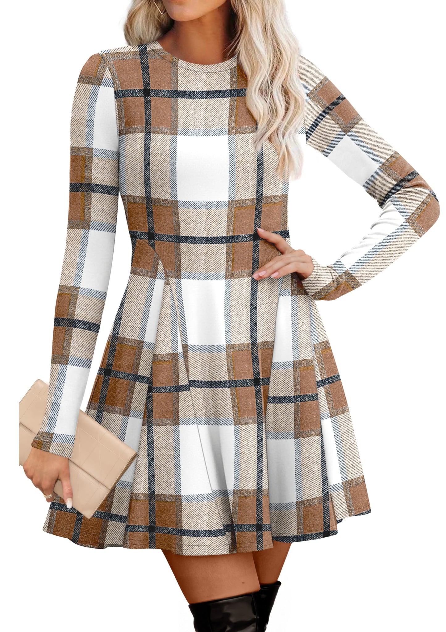 Women's Sweater Dress - Long Sleeve Ribbed Knit Fit and Flare A-Line Dress Plaid 1