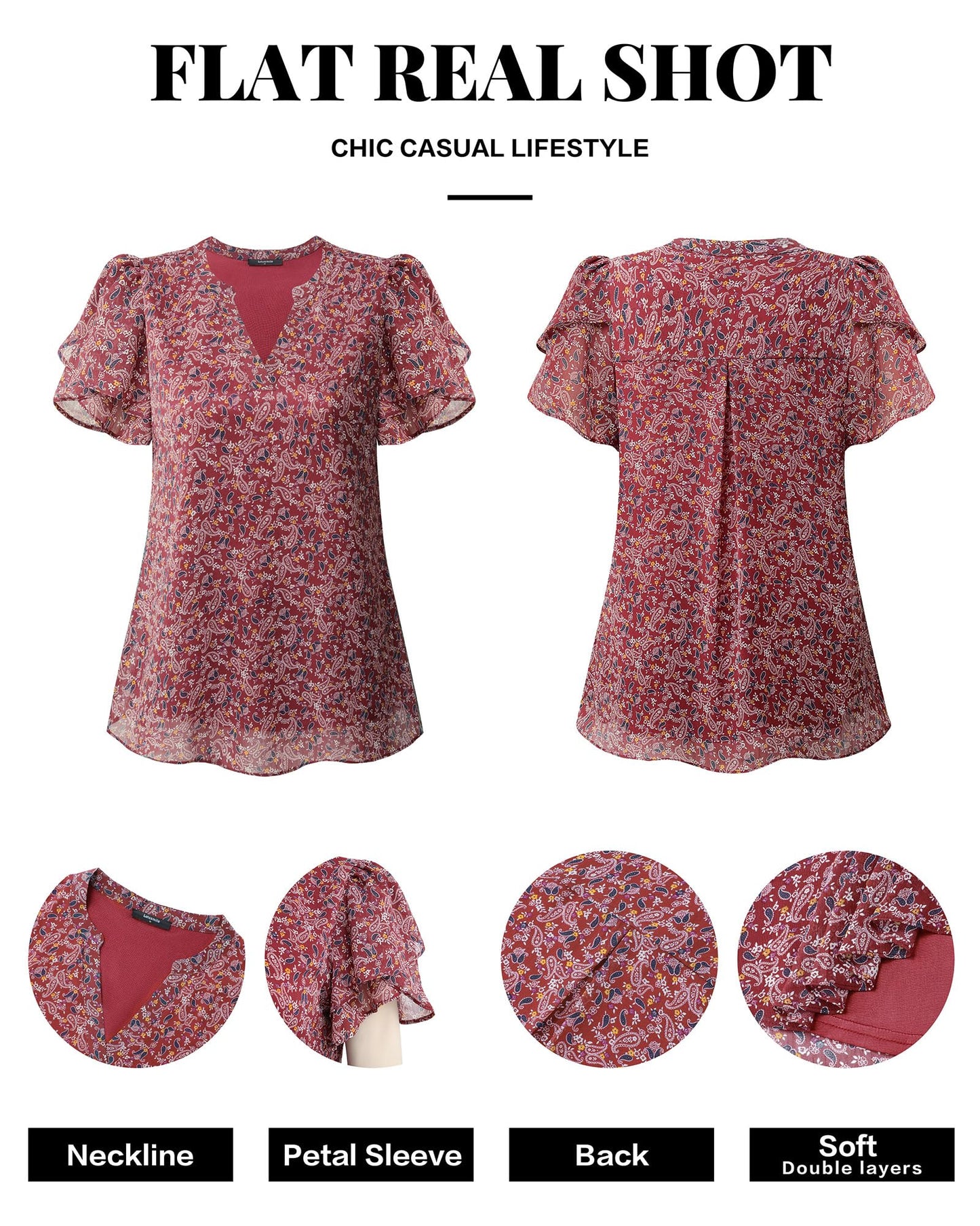 Polyester Blouses - Women's Chiffon Blouse V-Neck Puff Sleeve Summer Top for Work and Casual Wear