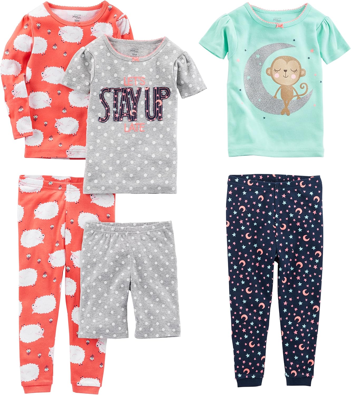 Girls Cotton Pajama Set 6-Piece - Snug Fit PJ Pack for Babies Toddlers