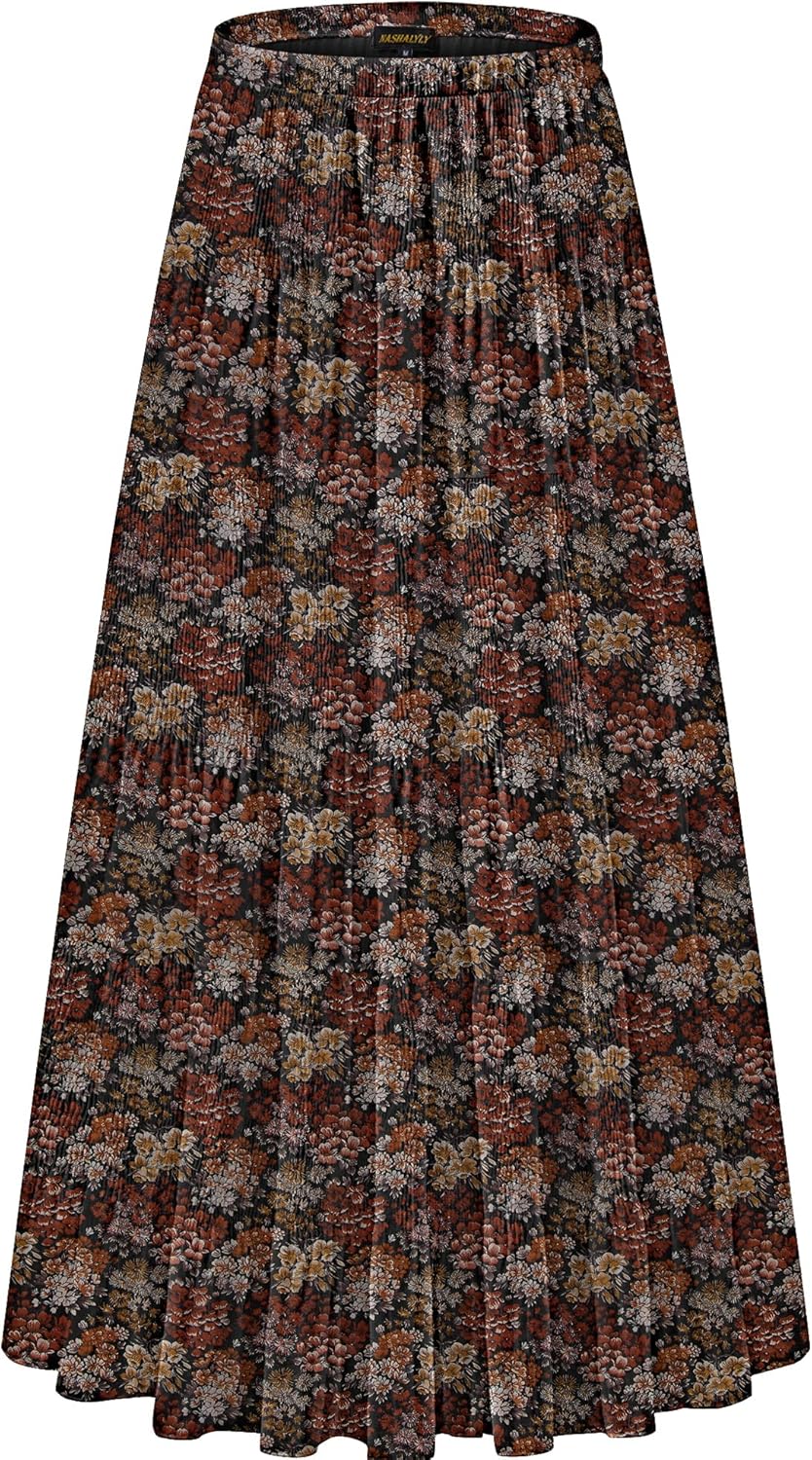 Chiffon Maxi Skirt for Women - High Waist Pleated A-Line Flared Long Skirt Small Black Red Flower