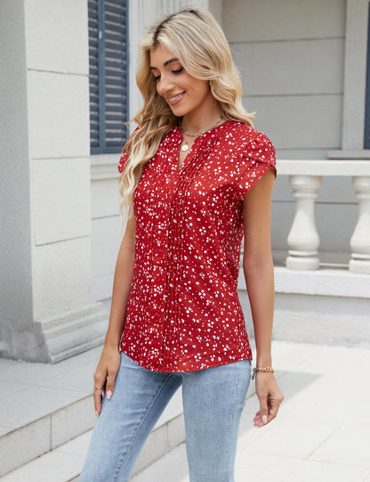 Beautiful Blouses For Ladies - Women's V-Neck Blouse with Pintuck Detail Short Petal Sleeve Business Top