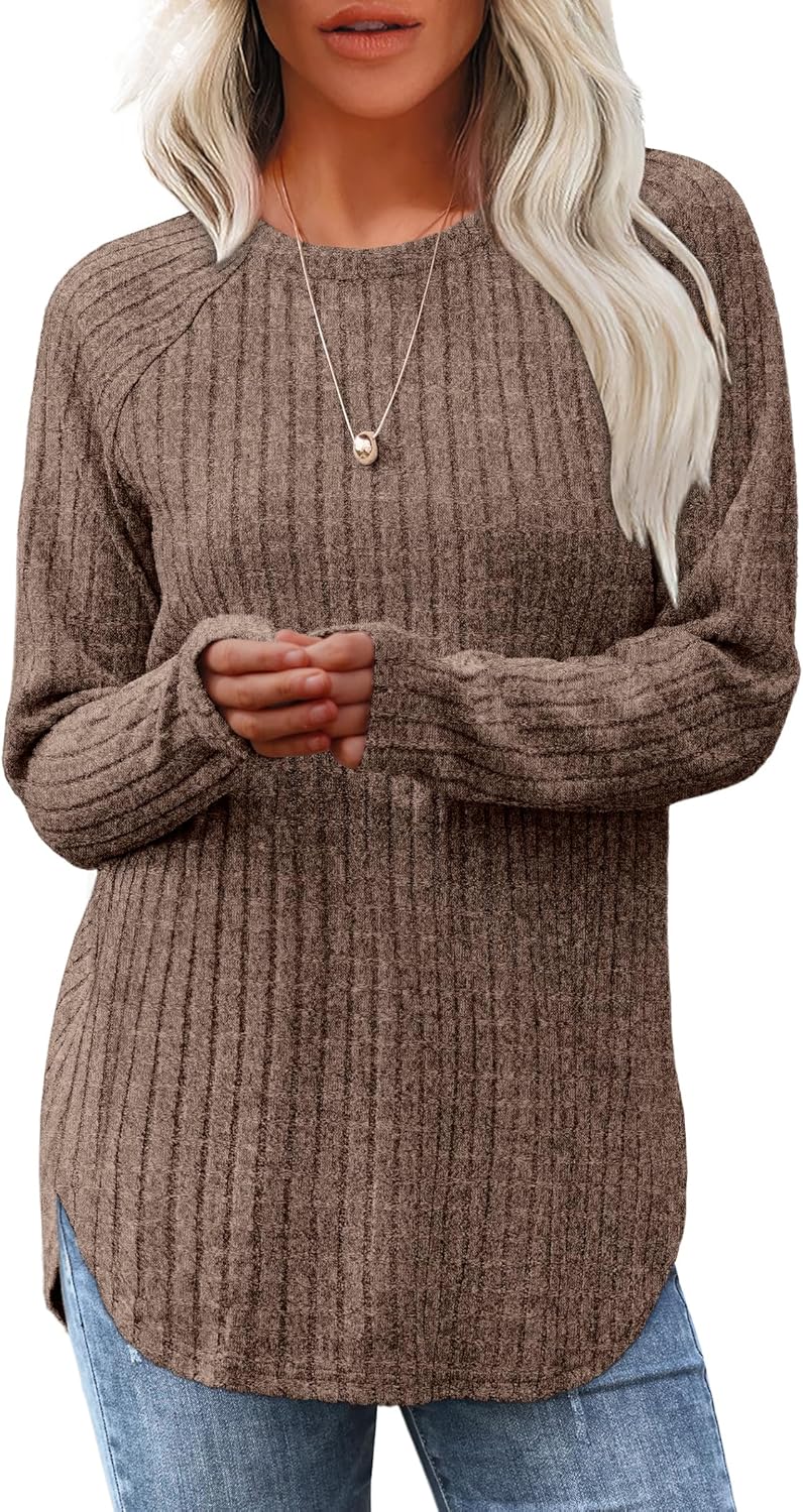 Women's Long Sleeve Tunic Tops - Loose Fit Crewneck Pullover with Curved Hem