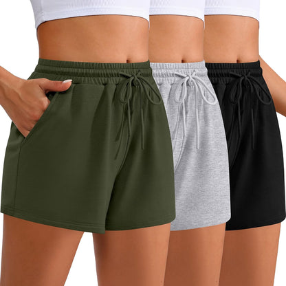 Women Sweat Shorts 3-Pack - High Waist Athletic Lounge Shorts with Pockets Black, Light Grey, Army Green