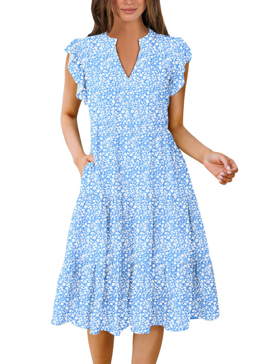 Blue Casual Dresses - Women's Summer Midi Dress - Ruffle Sleeve V-Neck Boho Beach Dress