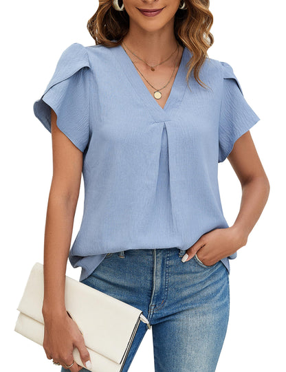 Polyester Blouses - Women's V-Neck Blouse Short Sleeve Business Casual Work Shirt Summer Top Haze Blue