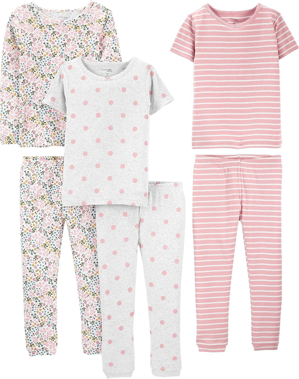 Girls Cotton Pajama Set 6-Piece - Snug Fit PJ Pack for Babies Toddlers Grey Dots Pink Stripe White Ditsy Floral