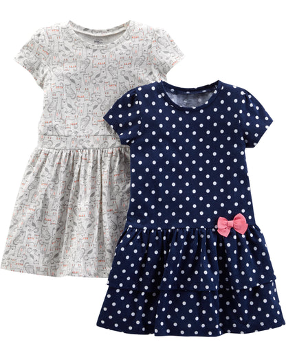 Girls Dress Set 2-Pack - Short Sleeve and Sleeveless Dresses 5T Grey Kitten Navy Dots