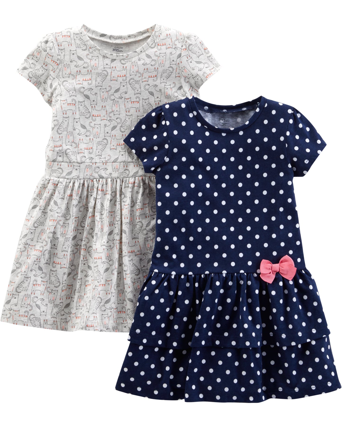Girls Dress Set 2-Pack - Short Sleeve and Sleeveless Dresses 5T Grey Kitten Navy Dots