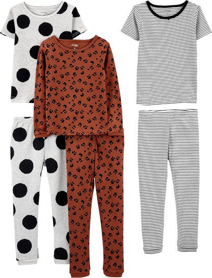 Girls Cotton Pajama Set 6-Piece - Snug Fit PJ Pack for Babies Toddlers Brown Animal Print Grey Polka Dot White Stripe