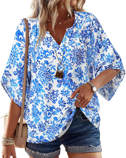Big & Tall Clothing - Women's 3/4 Sleeve V-Neck Bohemian Peasant Blouse Loose Fit Tunic Top