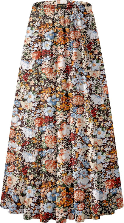 Chiffon Maxi Skirt for Women - High Waist Pleated A-Line Flared Long Skirt Coffee Floral