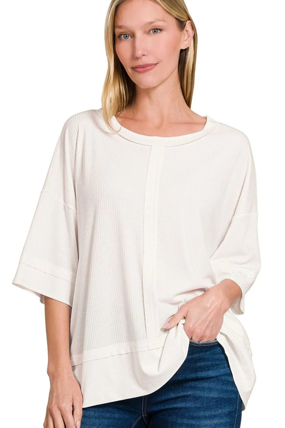 Zenana Ribbed Boat Neck 3/4 Sleeve Top OFF WHITE