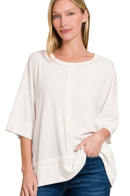 Zenana Ribbed Boat Neck 3/4 Sleeve Top OFF WHITE
