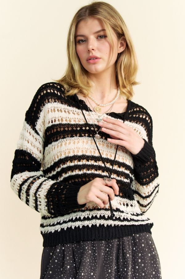 Back To School Sweater - Davi & Dani Contrast Striped Crochet Drop Shoulder Knit Cover Up