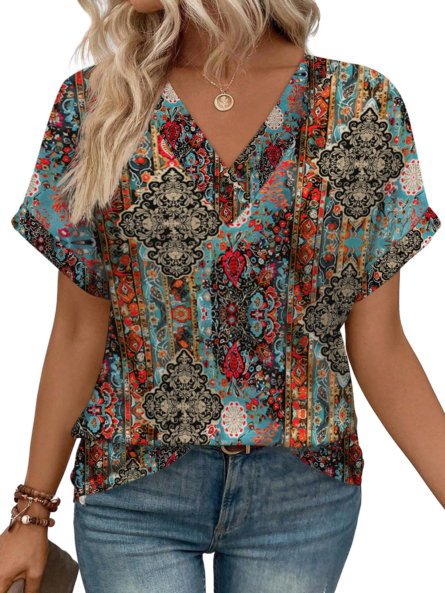 Womens Summer Tops V Neck Short Sleeve Shirts Casual Dolman Sleeve Fashion Blouse 3-vintage Boho