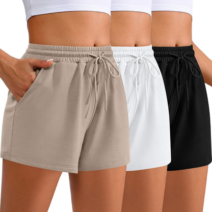 Women Sweat Shorts 3-Pack - High Waist Athletic Lounge Shorts with Pockets Black, White, Khaki