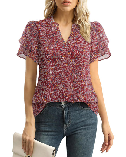 Polyester Blouses - Women's Chiffon Blouse V-Neck Puff Sleeve Summer Top for Work and Casual Wear Paisley Red