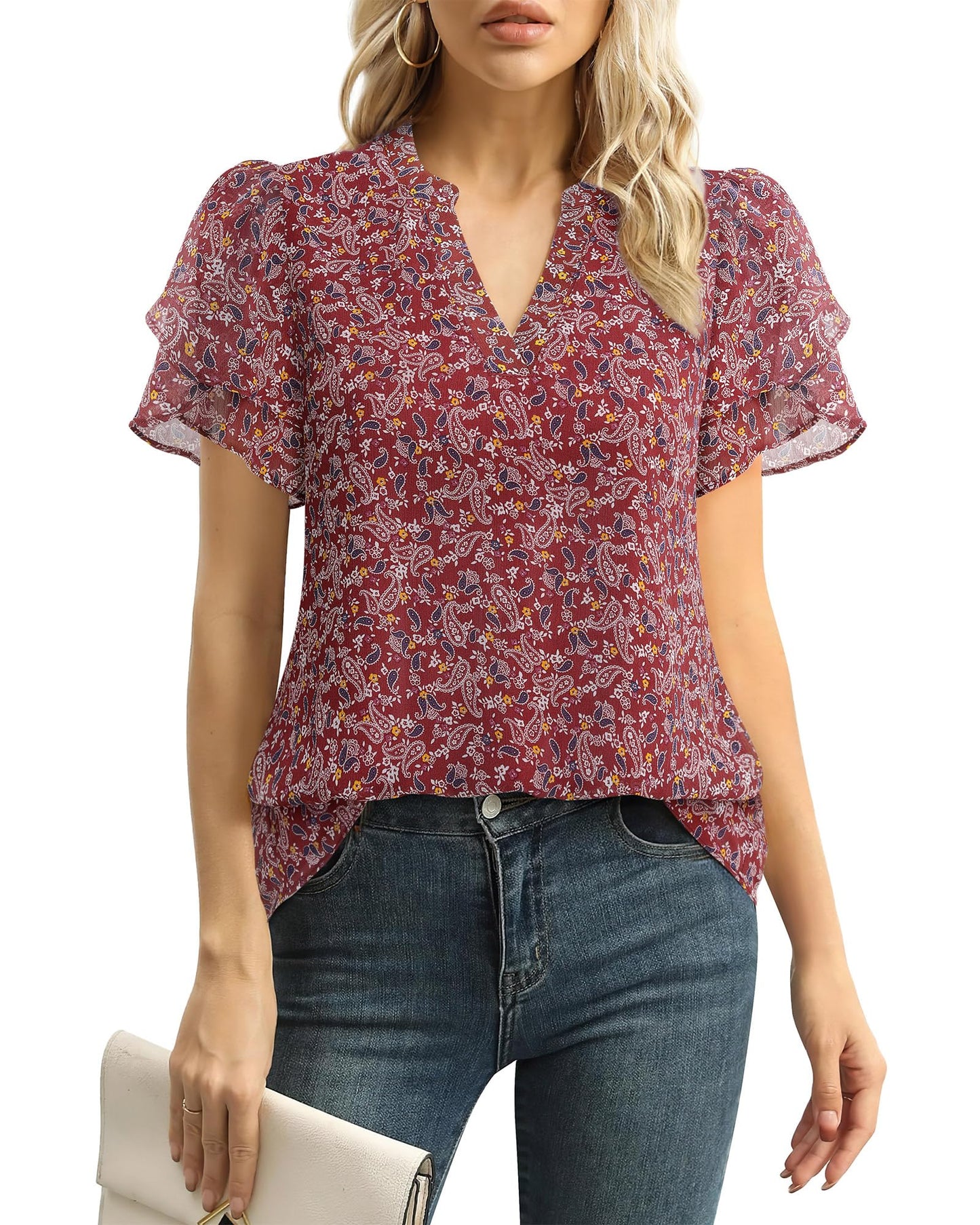 Polyester Blouses - Women's Chiffon Blouse V-Neck Puff Sleeve Summer Top for Work and Casual Wear