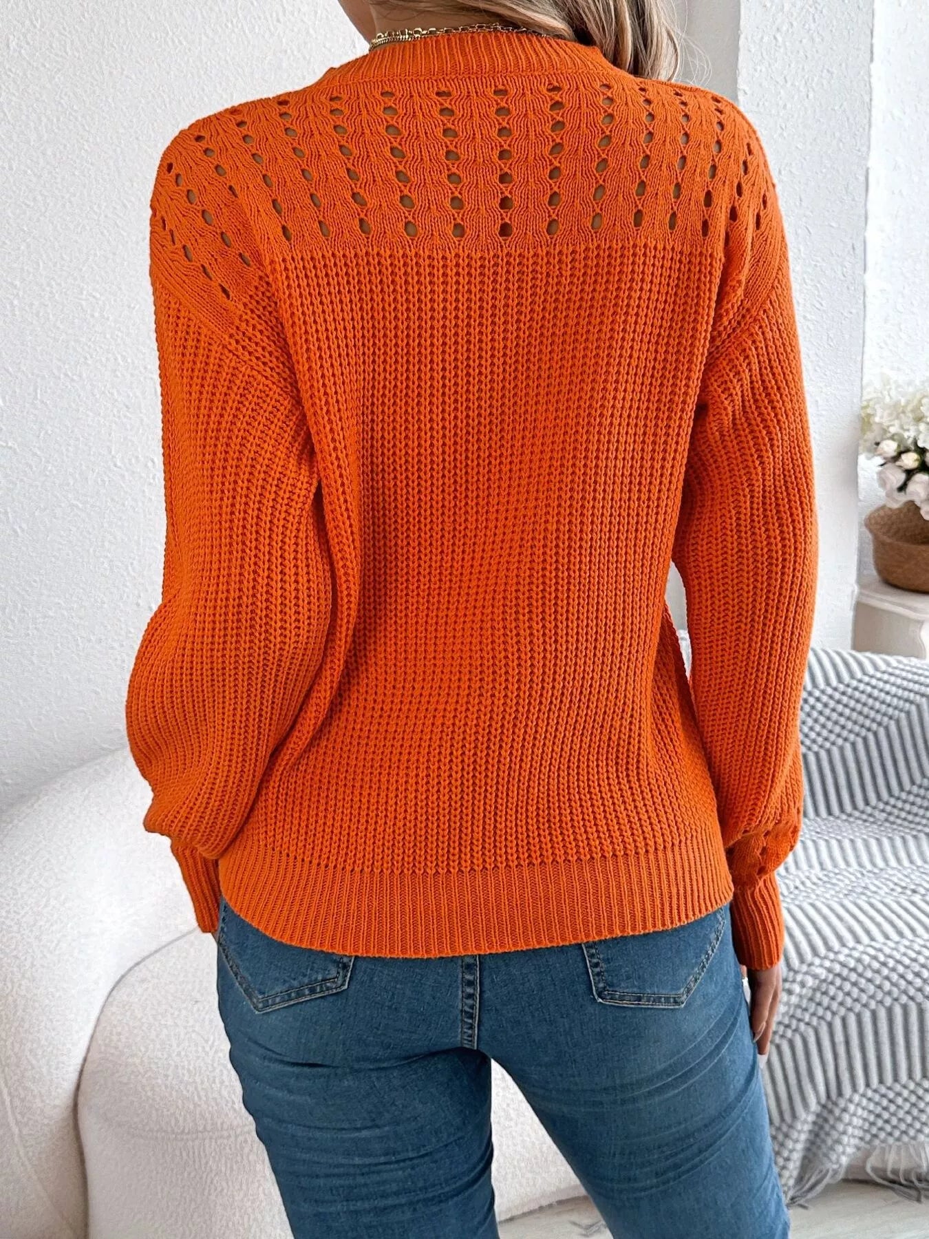 Openwork Round Neck Long Sleeve Sweater