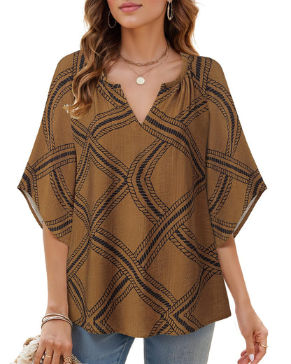 Big & Tall Clothing - Women's 3/4 Sleeve V-Neck Bohemian Peasant Blouse Loose Fit Tunic Top