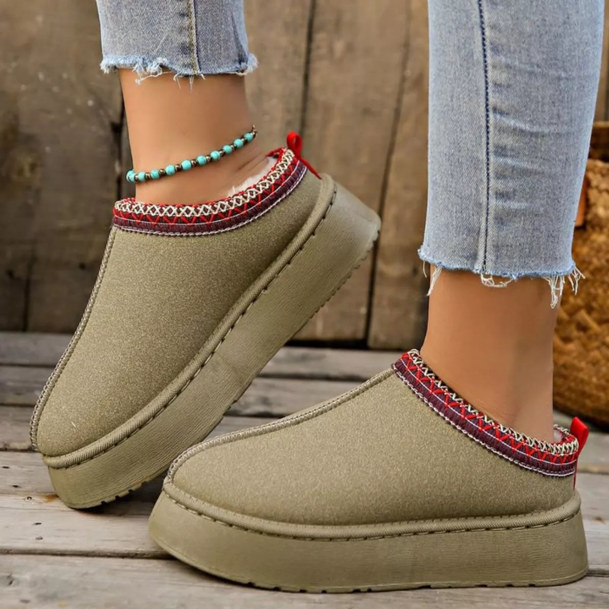 Plush Lined Platform Ankle Boots Sage