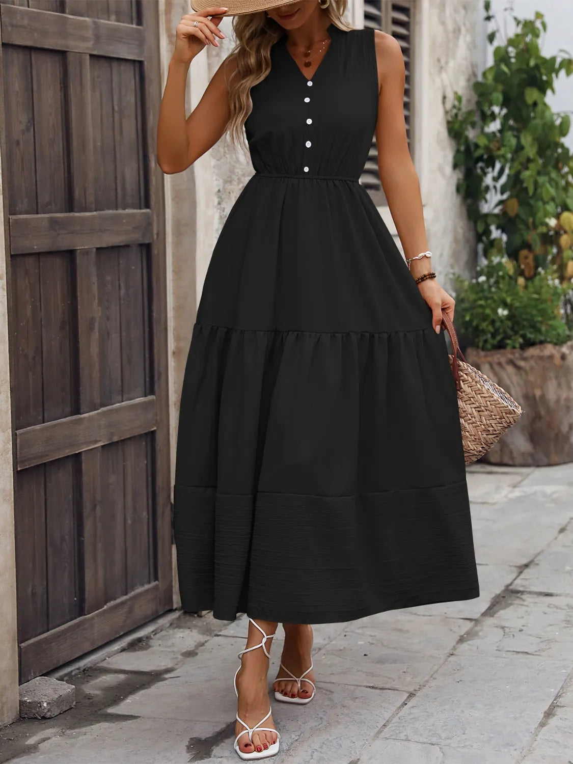 Notched Sleeveless Maxi Tank Dress Black