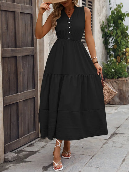 Notched Sleeveless Maxi Tank Dress Black