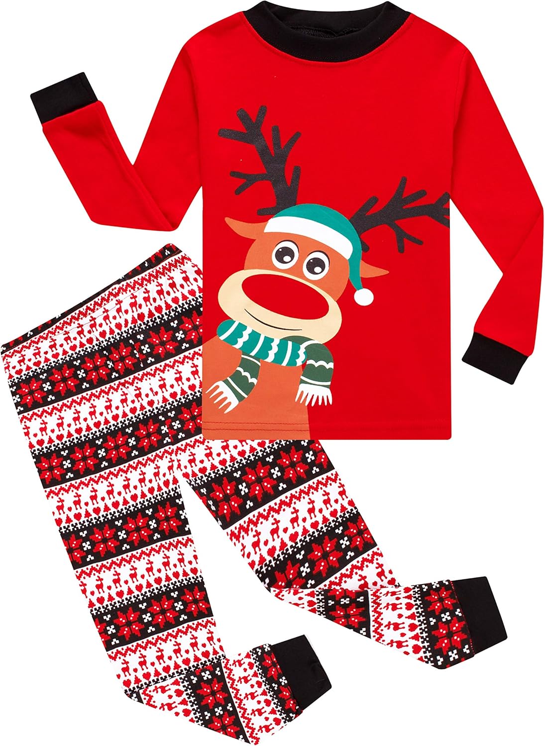Kids Cotton Pajamas 2 Piece Set - Soft Sleepwear for Boys and Girls Christmas Red Reindeer A3