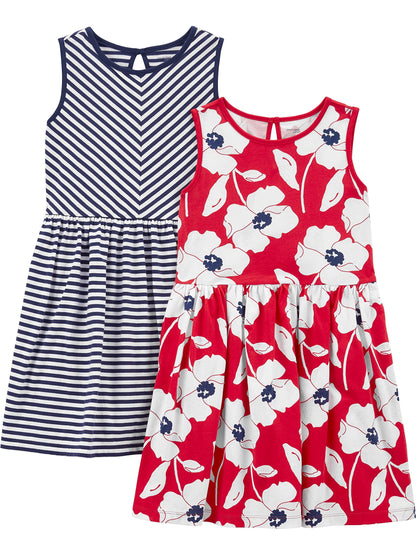 Girls Dress Set 2-Pack - Short Sleeve and Sleeveless Dresses Navy Stripe Red Poppy Print