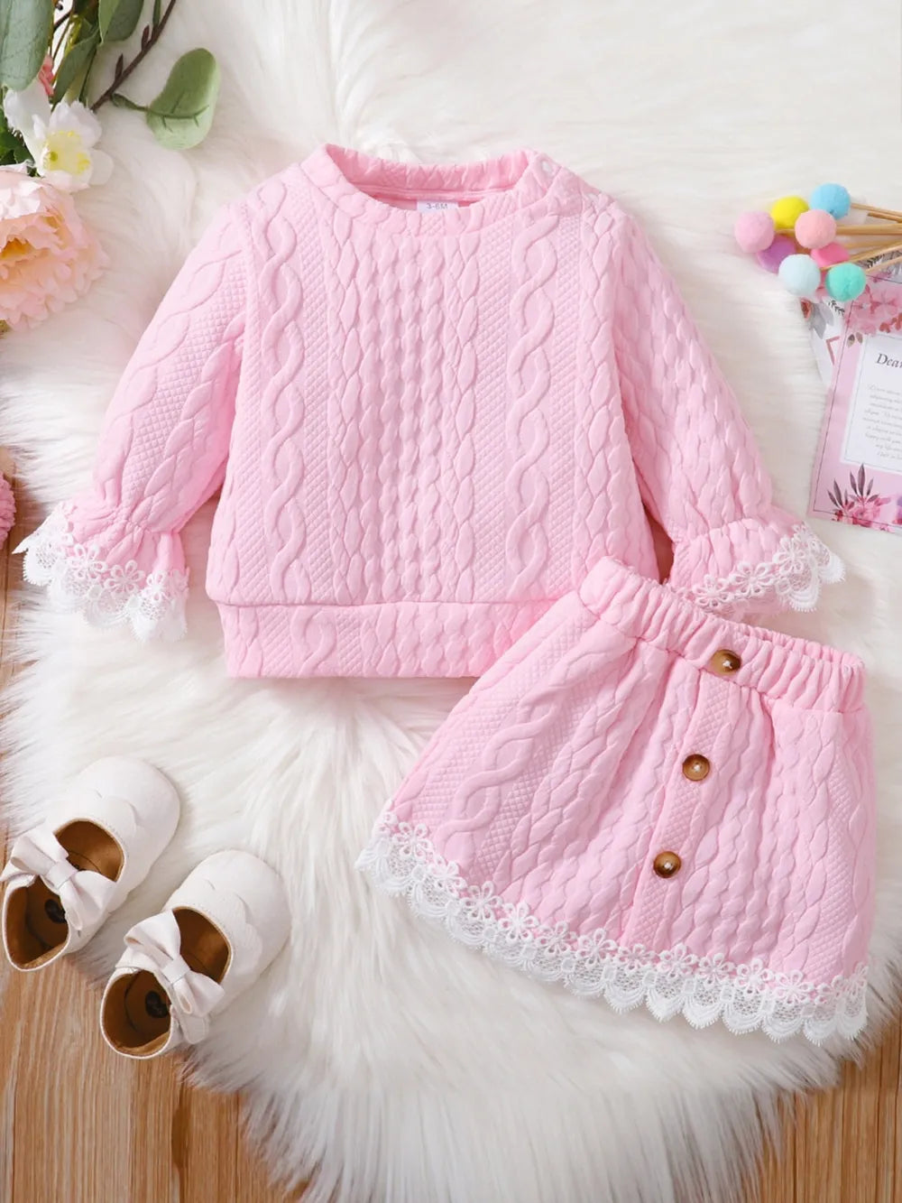 Children's Lace Detail Top and Skirt Set Pink