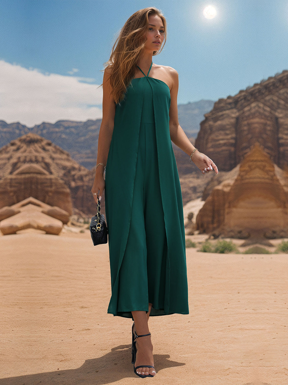 Layered Halter Neck Wide Leg Jumpsuit Dark Green