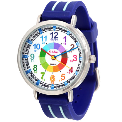 Kids Time Teacher Watch - Educational Analog Watch with Japanese Quartz Movement Ages 5-12 B. Color Handles 14 Classic Time Teacher. Blue
