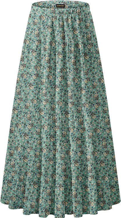 Chiffon Maxi Skirt for Women - High Waist Pleated A-Line Flared Long Skirt Sage Green Floral