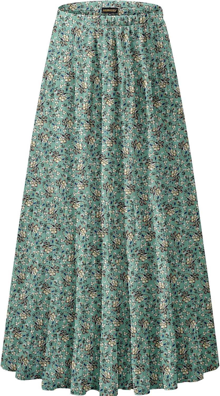 Chiffon Maxi Skirt for Women - High Waist Pleated A-Line Flared Long Skirt Sage Green Floral