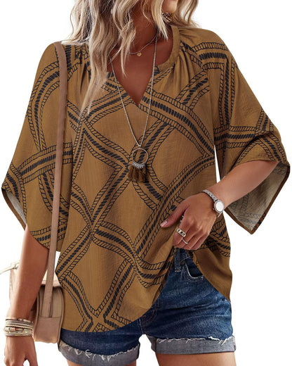 Big & Tall Clothing - Women's 3/4 Sleeve V-Neck Bohemian Peasant Blouse Loose Fit Tunic Top