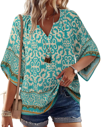 Big & Tall Clothing - Women's 3/4 Sleeve V-Neck Bohemian Peasant Blouse Loose Fit Tunic Top