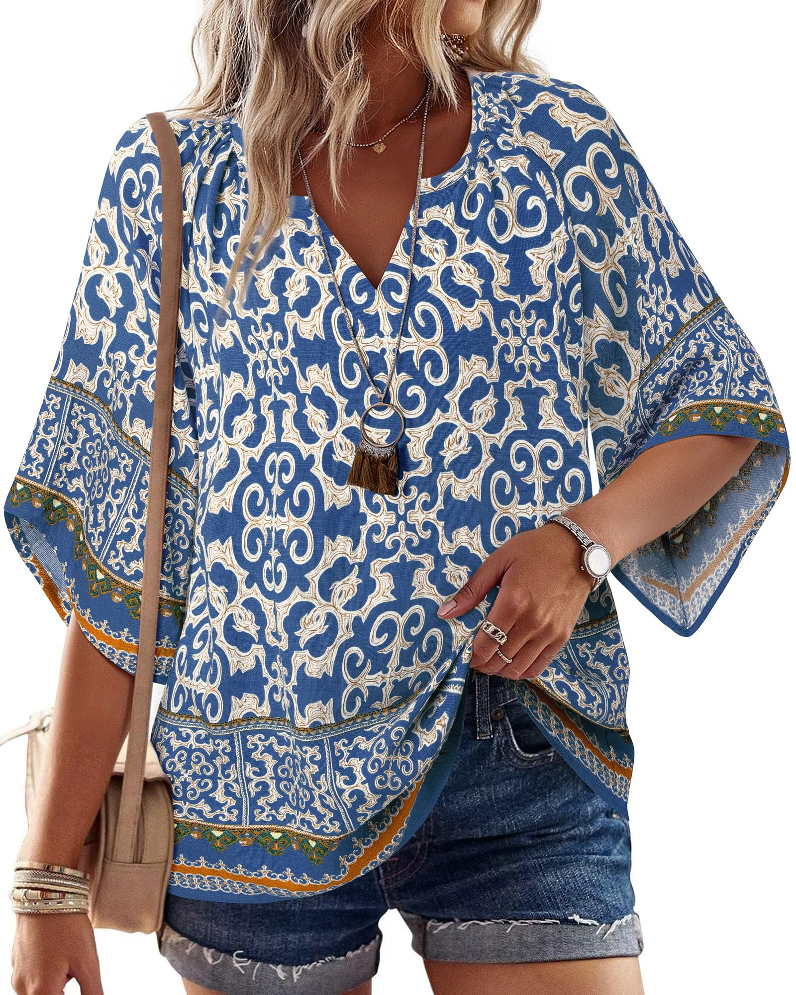 Big & Tall Clothing - Women's 3/4 Sleeve V-Neck Bohemian Peasant Blouse Loose Fit Tunic Top