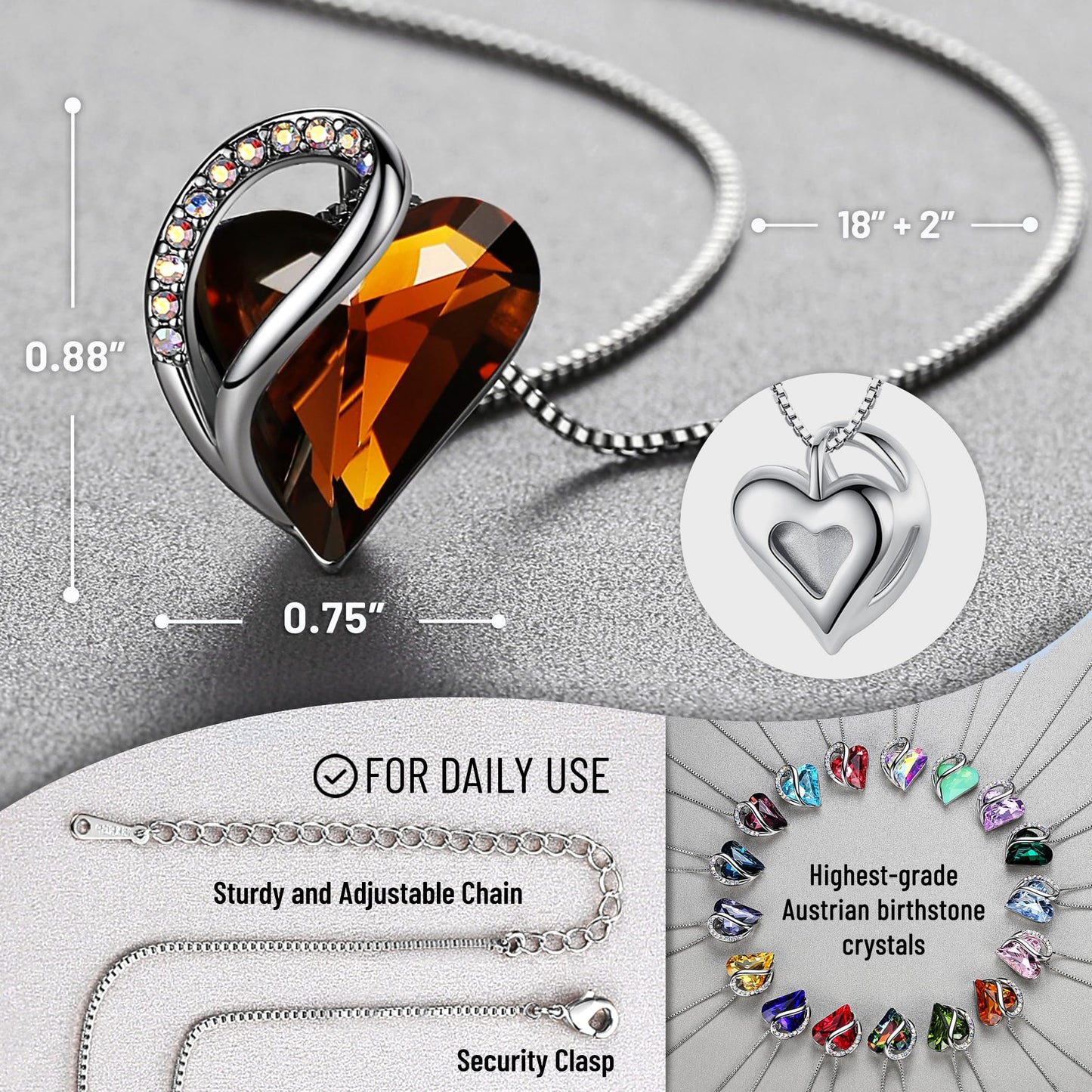 Infinity Love Birthstone Heart Necklace - 18K White Gold Plated Crystal Pendant Gift for Women