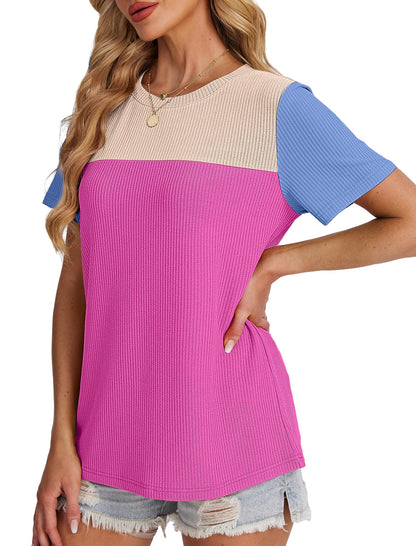 Women's Color Block Knit Shirt Short Sleeve Crewneck Top