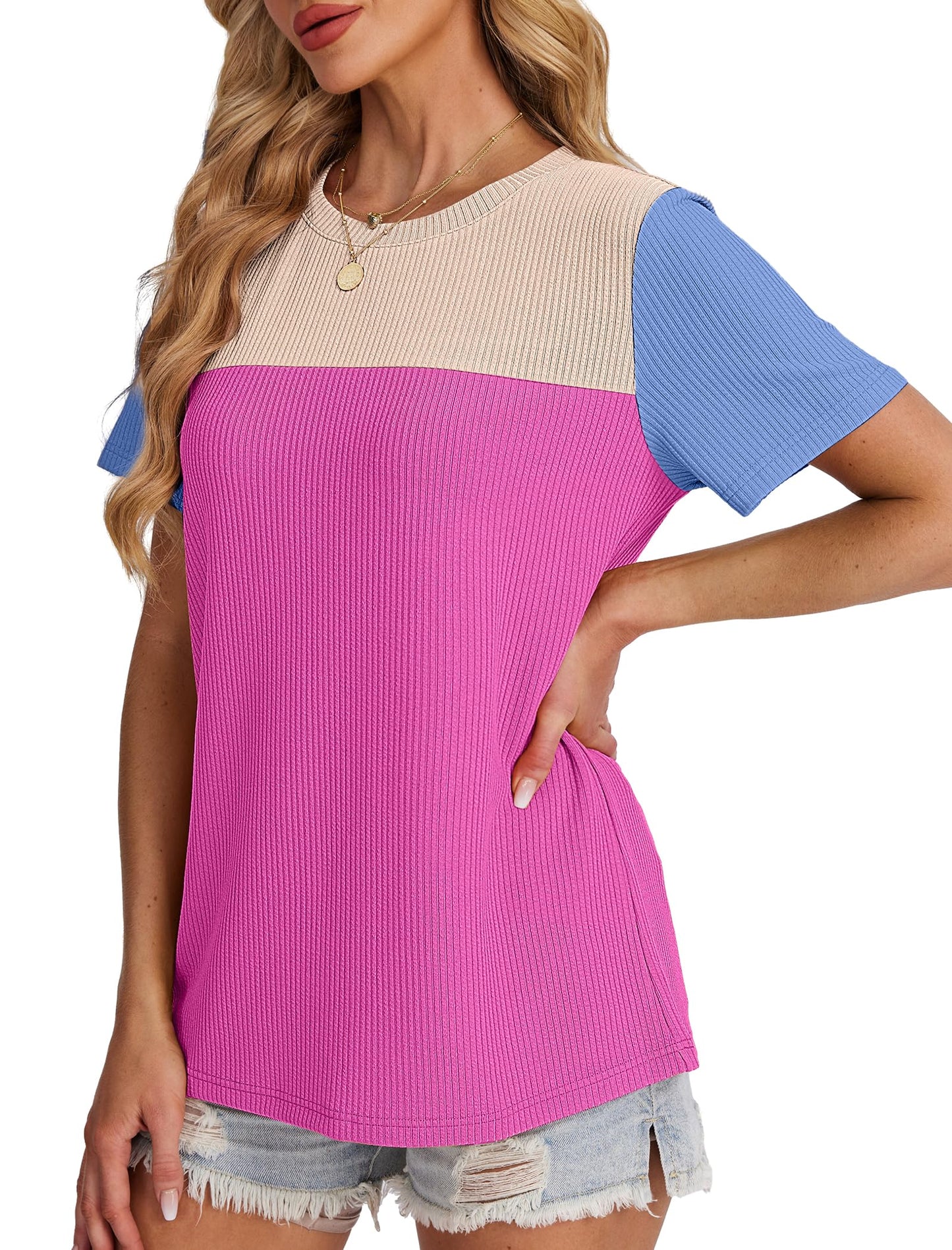Women's Color Block Knit Shirt Short Sleeve Crewneck Top