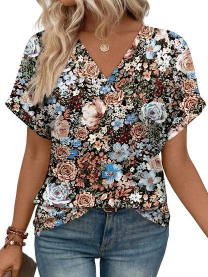 Womens Summer Tops V Neck Short Sleeve Shirts Casual Dolman Sleeve Fashion Blouse 3-floral Fierce