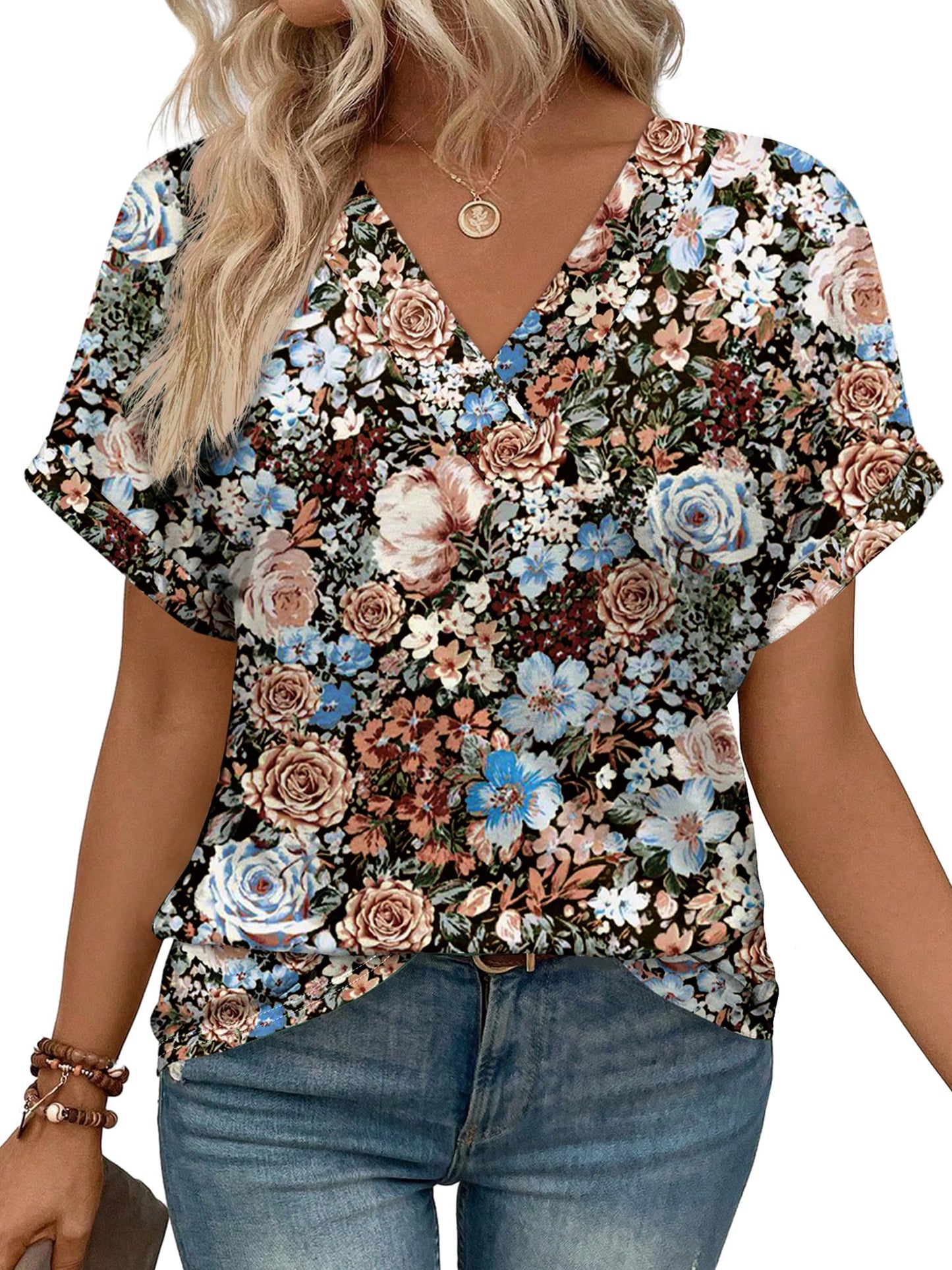 Womens Summer Tops V Neck Short Sleeve Shirts Casual Dolman Sleeve Fashion Blouse 3-floral Fierce