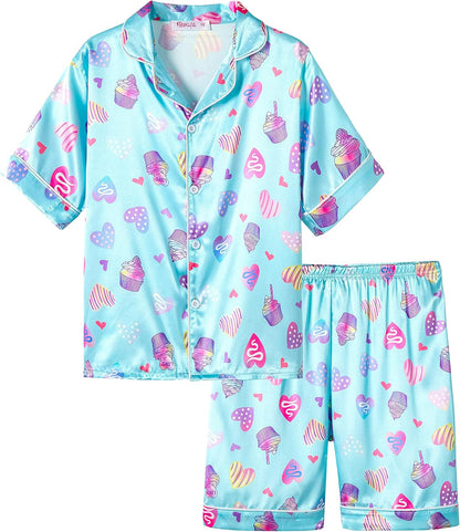 Girls Satin Pajama Set - Silky Button Down PJ with Shorts Size 6-16 Blue Cupcake(short Sleeve & Shorts)