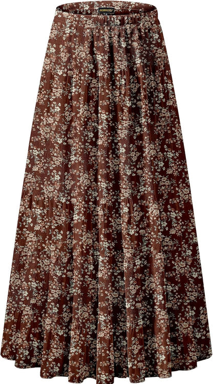 Chiffon Maxi Skirt for Women - High Waist Pleated A-Line Flared Long Skirt Brown Floral