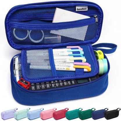 Large Pencil Case 1800ml - Heavy Duty Canvas School Supplies Organizer for Kids Students Sapphire Blue