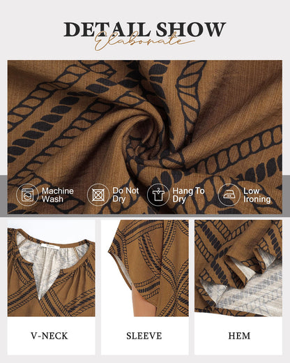 Big & Tall Clothing - Women's 3/4 Sleeve V-Neck Bohemian Peasant Blouse Loose Fit Tunic Top