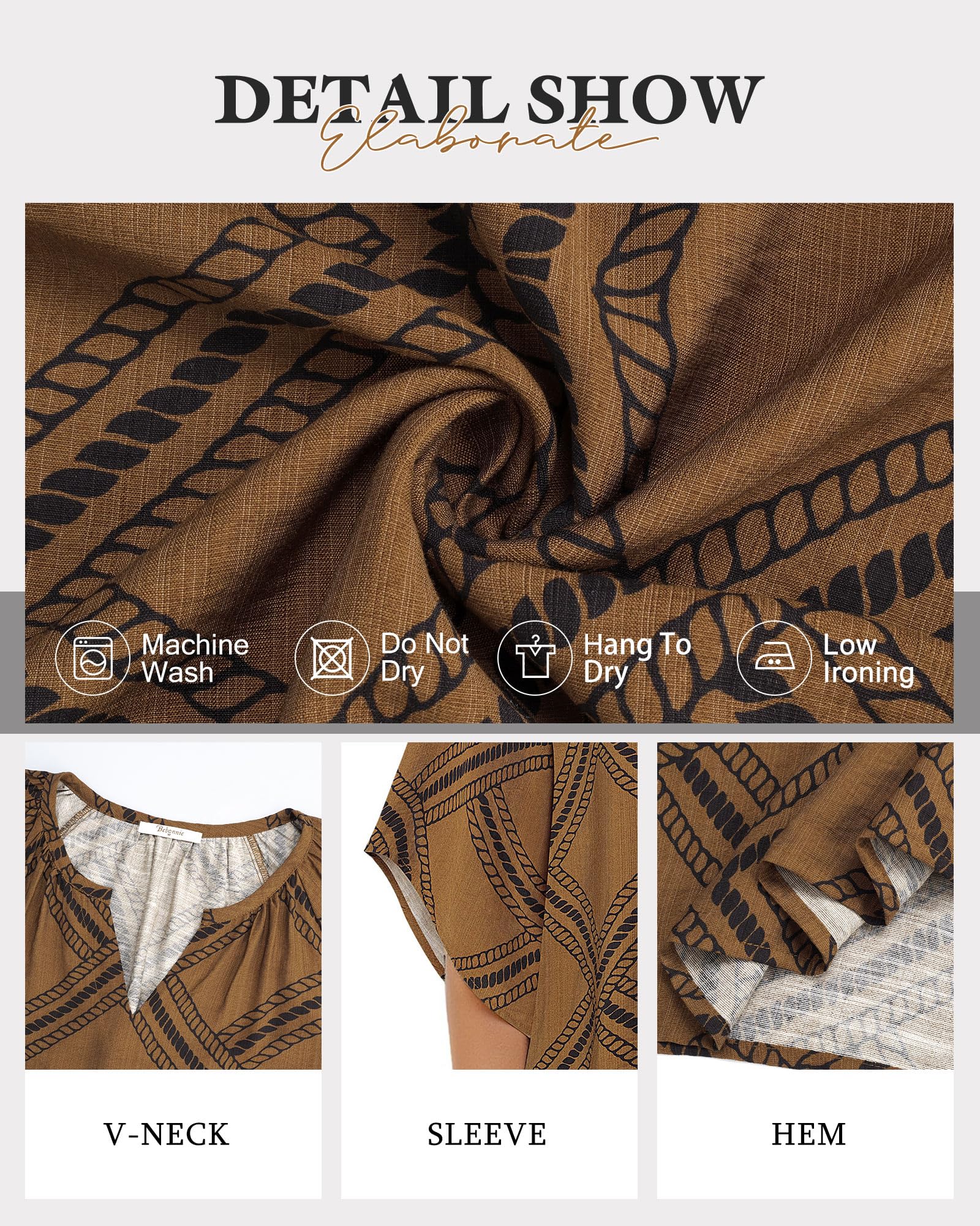 Big & Tall Clothing - Women's 3/4 Sleeve V-Neck Bohemian Peasant Blouse Loose Fit Tunic Top