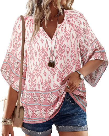 Big & Tall Clothing - Women's 3/4 Sleeve V-Neck Bohemian Peasant Blouse Loose Fit Tunic Top