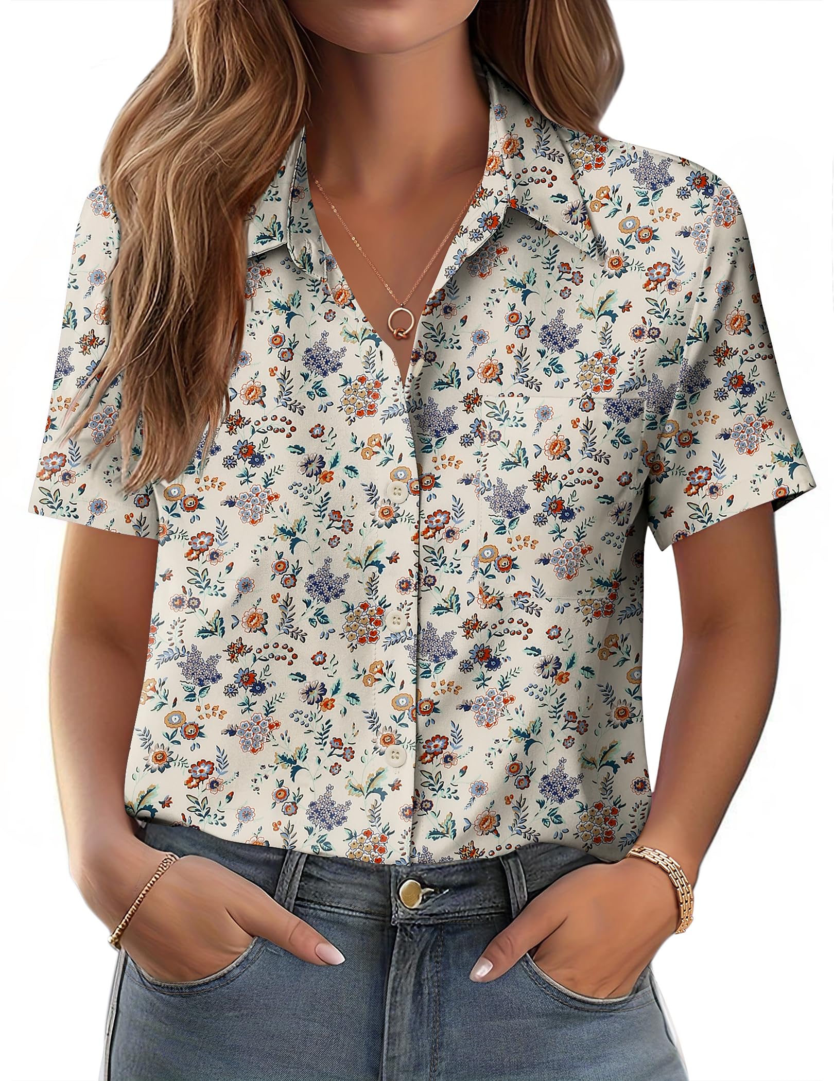 Polyester Blouse - Women's Button Down Shirt Short Sleeve Business Casual Blouse with Chest Pocket